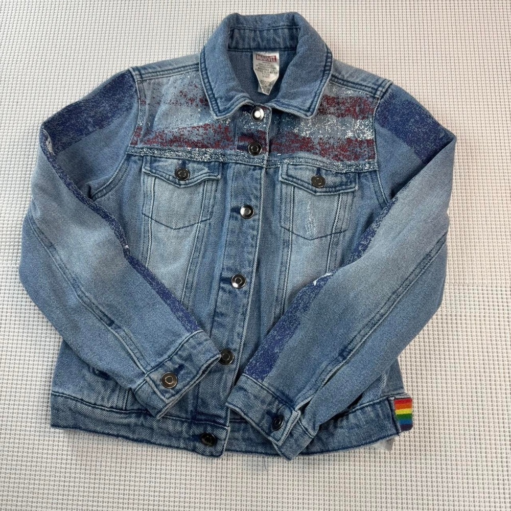 Marvel Vintage Style Denim Jacket Blue Distressed Americana Skull Patch Small